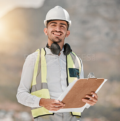 Buy stock photo Portrait, engineering and happy man at construction site with checklist for inspection, project management and architecture. Maintenance, contractor or builder with smile and clipboard for safety.