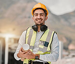 Portrait, architecture and happy man at construction site with blueprint for inspection, project management and engineering. Maintenance, contractor or builder with smile and paperwork for safety.