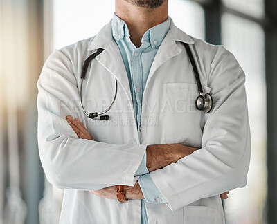 Buy stock photo Healthcare, trust and a doctor arms crossed in the hospital for a wellness appointment of checkup. Medical, confidence and a medicine professional in a clinic for health, consulting or cardiology