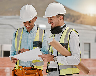 Buy stock photo Architecture blueprint, construction site and happy people teamwork on development project, floor plan or design info. Illustration, engineer team and architect collaboration on civil engineering