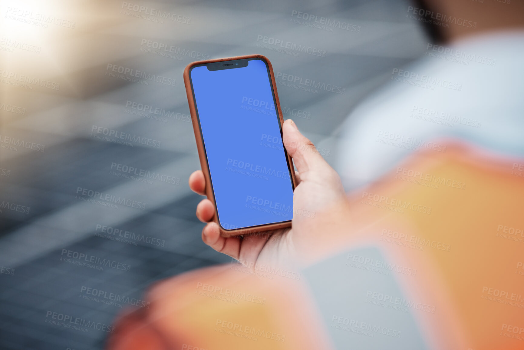 Buy stock photo Man, hands and phone mockup on rooftop for communication, construction or outdoor networking. Closeup of male person, architect or engineer working on mobile smartphone display or mock up space