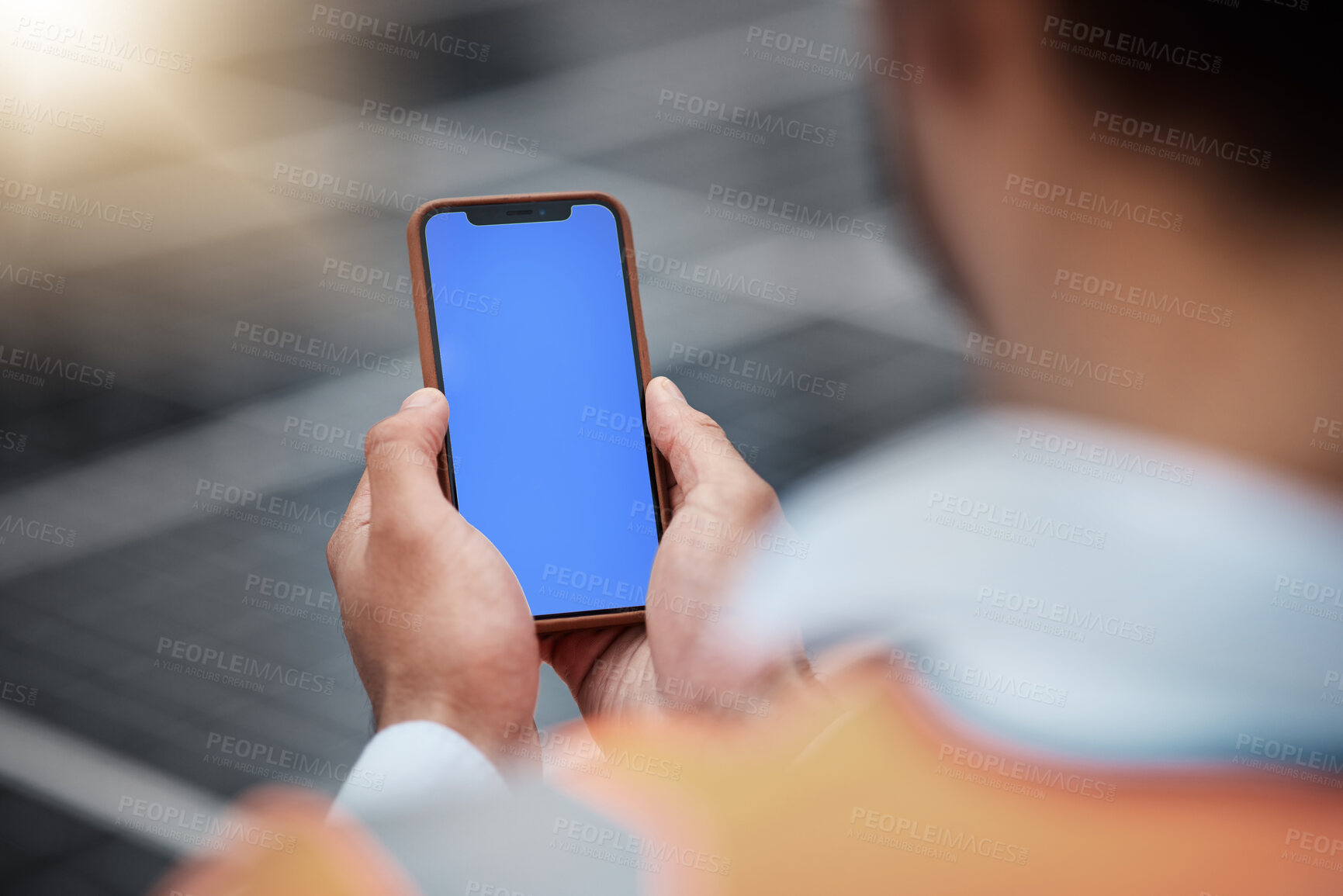 Buy stock photo Man, hands and phone mockup in city for communication, construction or outdoor networking. Closeup of male person, architect or engineer working on mobile smartphone app, display or mock up space