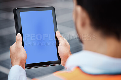 Buy stock photo Man, hands and tablet mockup on rooftop for communication, construction or outdoor networking. Closeup of male person, architect or engineer working on technology display or mock up space in the city