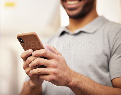 Buy stock photo Man, hands and phone typing for social media, communication or networking at home. Closeup of male person texting or chatting on mobile smartphone app for online browsing, streaming or entertainment