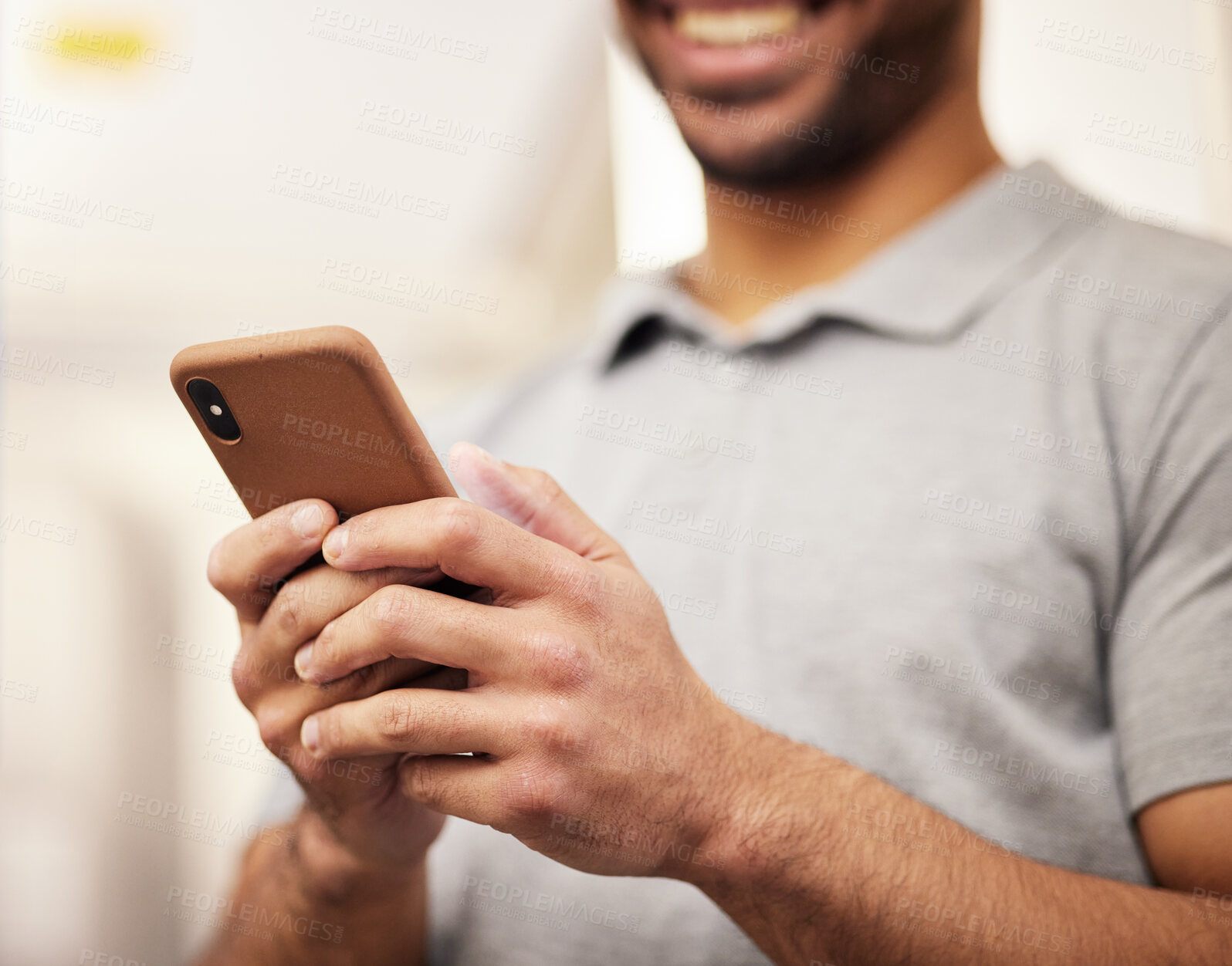 Buy stock photo Man, hands and phone typing for social media, communication or networking at home. Closeup of male person texting or chatting on mobile smartphone app for online browsing, streaming or entertainment