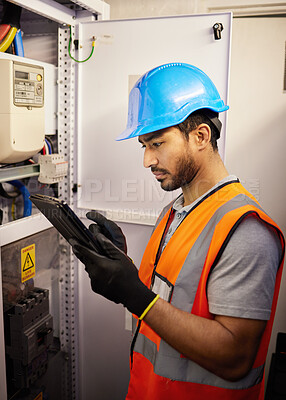 Buy stock photo Tablet, engineering and man with electricity box for repair, maintenance and technician inspection. Industrial, electrician and male worker on digital tech for service, test or power source check