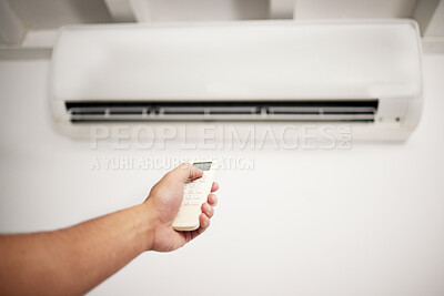 Buy stock photo Air conditioner, hand and remote for electrical machine check with person in a home with ac repair. Maintenance, and system control for installation, inspection of aircon fix in house with contractor