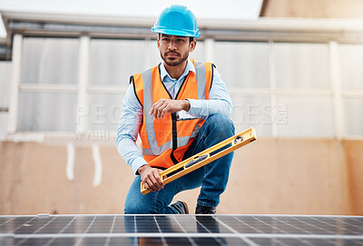 Buy stock photo Solar panel, grid and engineering with man on roof top for renewable energy, project and power. Construction, electricity and sustainability with contractor in city for tools, photovoltaic and safety