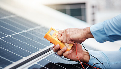 Buy stock photo Solar panel, meter and engineering with hands of man for renewable energy, project and power. Construction, electricity and sustainability with closeup of contractor for tools, photovoltaic and grid