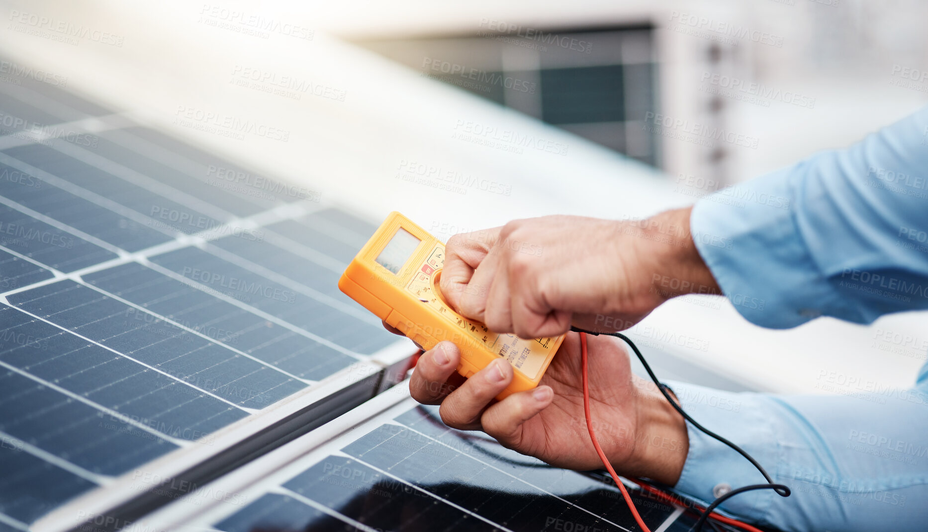 Buy stock photo Solar panel, meter and engineering with hands of man for renewable energy, project and power. Construction, electricity and sustainability with closeup of contractor for tools, photovoltaic and grid