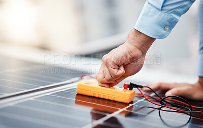 Buy stock photo Solar panel, electricity and meter with hands of man for renewable energy, project and power. Construction, engineering and sustainability with closeup of contractor for tools, photovoltaic and grid