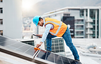 Buy stock photo Solar panel, inspection and engineering with man for renewable energy, project and power. Construction, electricity meter and sustainability with contractor in city for tools, photovoltaic and grid