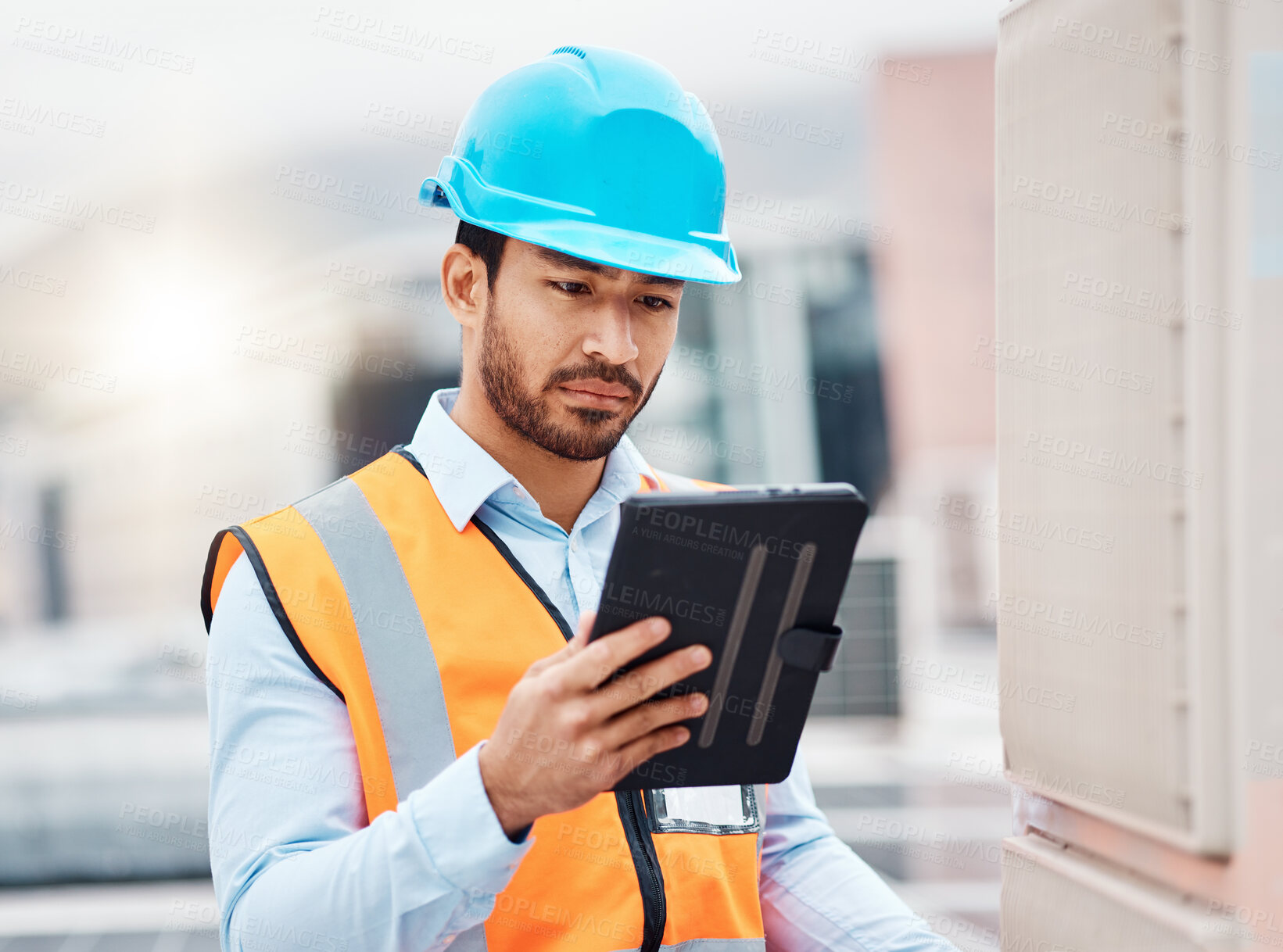 Buy stock photo Tablet, engineering and man with air conditioner on roof for repair, maintenance and inspection. Solar power, construction and male worker on digital tech online for service, check and electricity