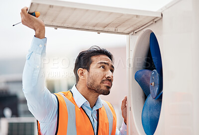 Buy stock photo Engineer man, air conditioning and maintenance on roof, industry and inspection with thinking in city. Technician, hvac expert and check fan for air, safety and ac repair at construction site in cbd