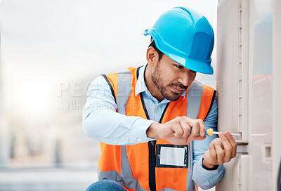 Buy stock photo Tool, engineering and man with air conditioner for repair, maintenance and inspection on roof. Solar power, construction and male worker with equipment for service, installation and electricity check