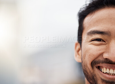 Buy stock photo Happy, face and closeup with half of man in mockup, background for advertising space with businessman. Portrait, smile and person with wellness, motivation and opportunity for future in career or job