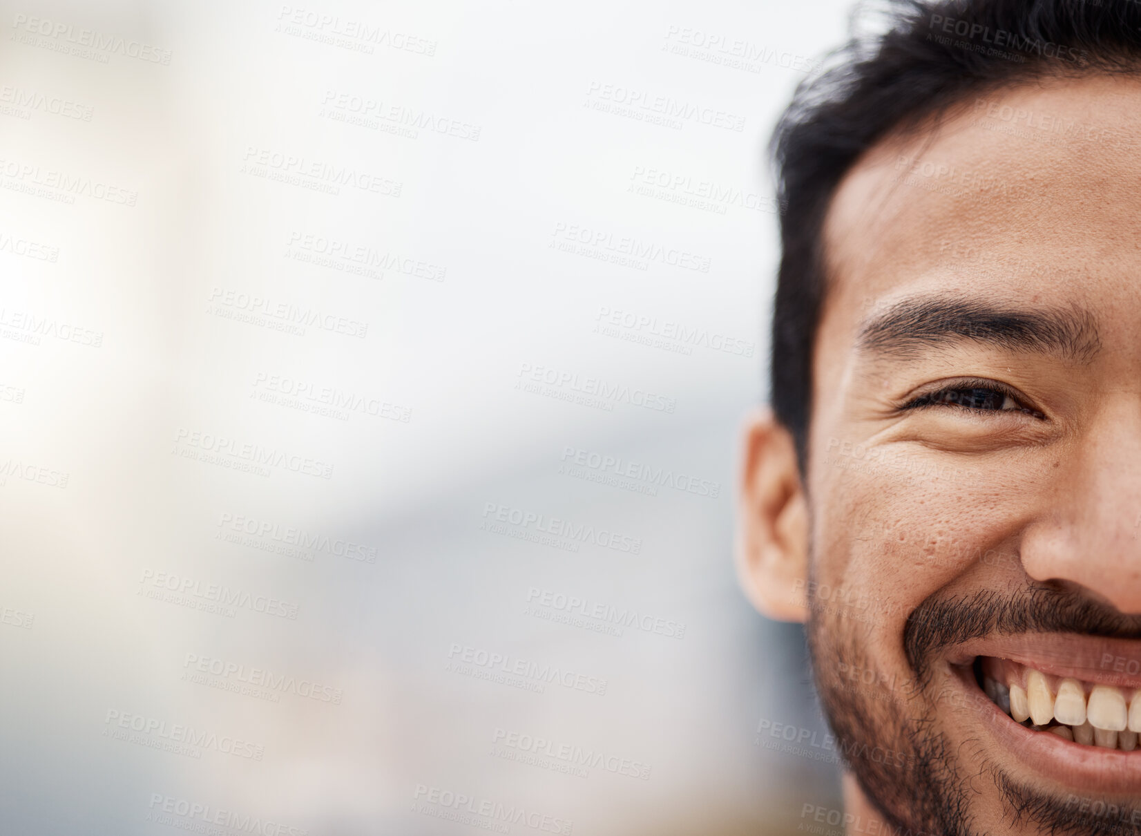 Buy stock photo Happy, face and closeup with half of man in mockup, background for advertising space with businessman. Portrait, smile and person with wellness, motivation and opportunity for future in career or job