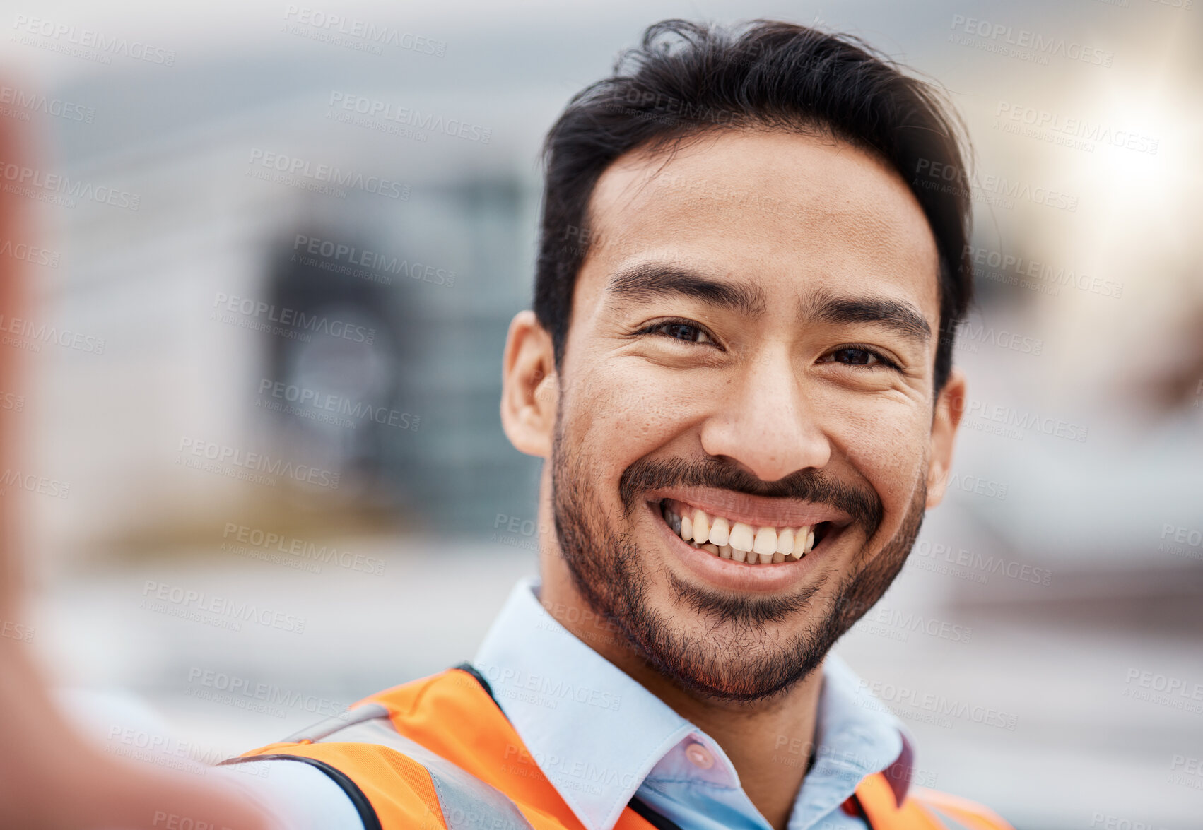 Buy stock photo Construction worker, selfie and portrait with smile outdoor of builder and maintenance employee. Happy, face and male person doing engineering, property planning and building development project