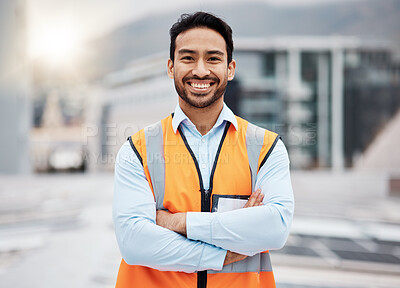 Buy stock photo Portrait, construction worker and man smile with arms crossed with solar panel job outdoor. Roof, eco engineer and green energy project with builder and sustainability contractor ready for work