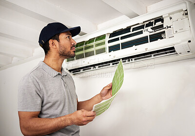Buy stock photo Handyman service, air conditioner technician and man, working on ventilation filter and ac repair. Contractor, maintenance or electric aircon machine expert problem solving or cleaning dust in office