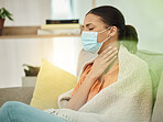 Sick, virus and face mask with woman on sofa for sore throat, illness and inflammation. Allergy, tired and fever with female patient in living room at home for pneumonia, disease and fatigue