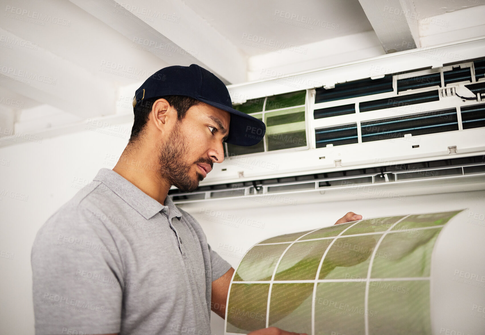 Buy stock photo Maintenance, air conditioner and man checking filter, technician working on ventilation and ac repair. Contractor, handyman or electric aircon machine expert problem solving or cleaning dust service.