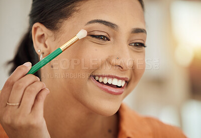 Buy stock photo Brush, makeup and woman with a smile, beauty and skincare with dermatology, self care and happiness. Person, happy and girl with cosmetic tool, eyeshadow for facial treatment and applying product