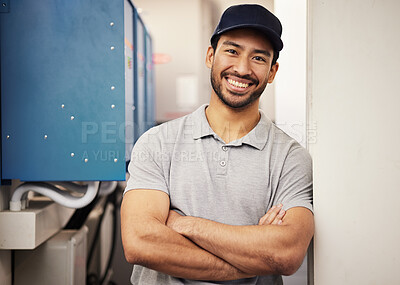 Buy stock photo Engineer, happy portrait and a repair man at work for maintenance, service and inspection control. Male technician with arms crossed and a smile in a room for machine, engineering or power supply