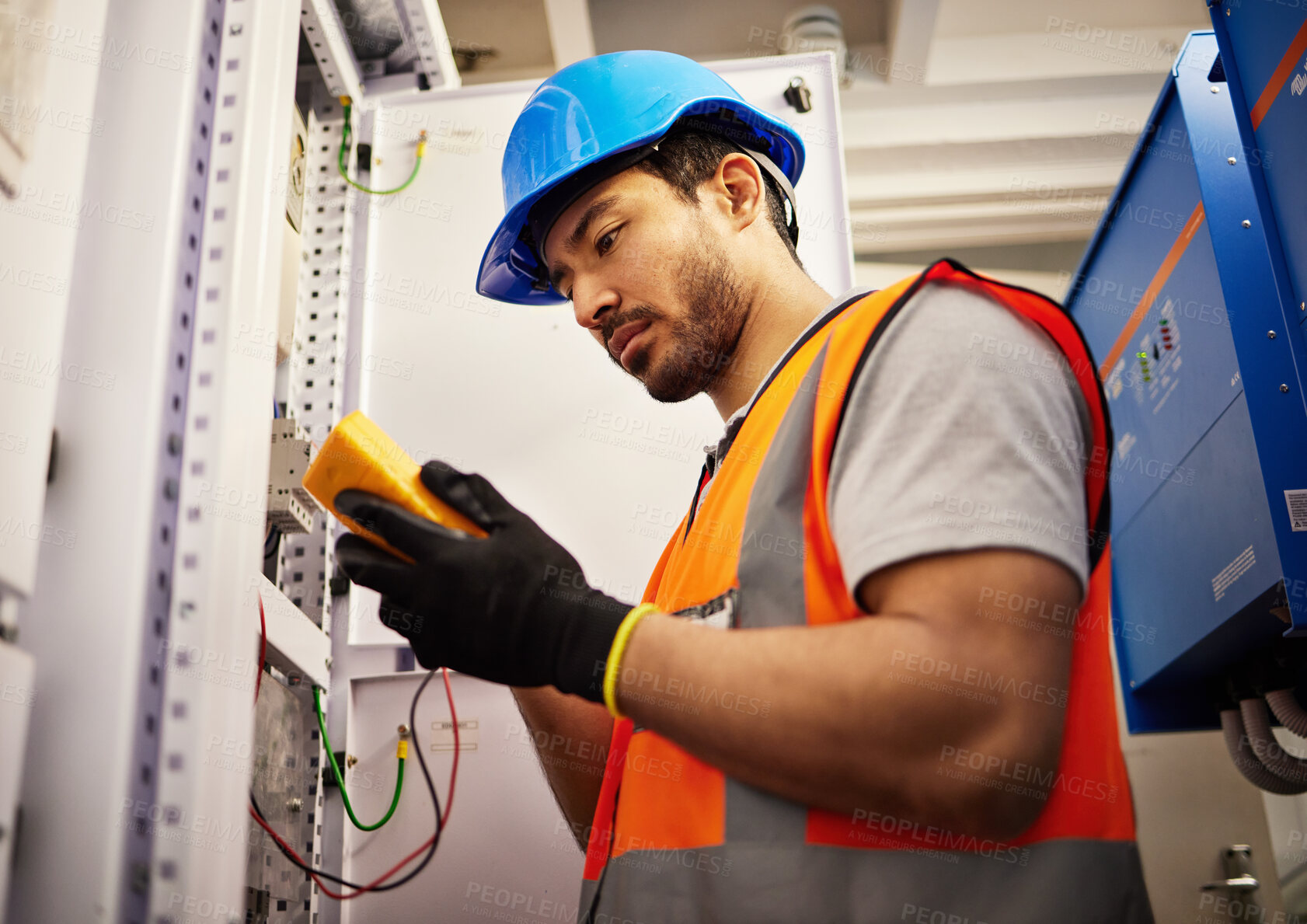 Buy stock photo Electrician, energy and inspection with man in control room for multimeter, mechanic and safety. Electricity, engineering and power with technician and check for generator, maintenance and circuit