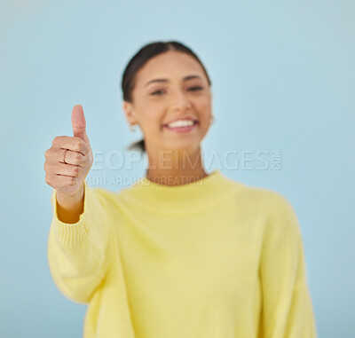 Buy stock photo Happy woman, portrait and thumbs up for good job, approval or winning against a studio background. Female person smile with like emoji, yes sign or OK for agreement, thank you or positive feedback