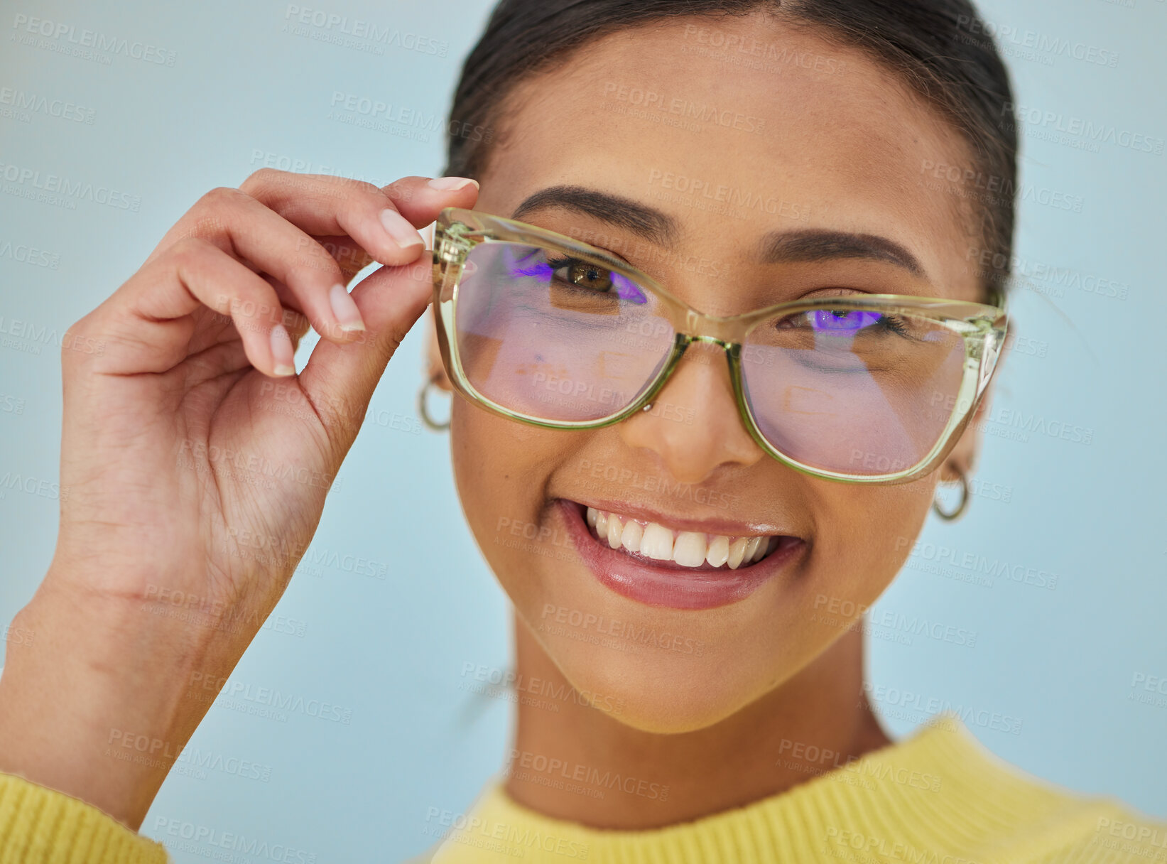 Buy stock photo Woman portrait, glasses and vision with blue light frame with a smile with ophthalmology. Isolated, studio background and happy person with eye care, wellness and health of a girl with eyewear