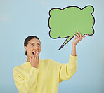 Social media woman, surprise or mockup speech bubble for wow opinion, studio news space or sales promotion voice. Notification poster, billboard deal or shocked announcement person on blue background