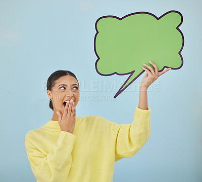 Buy stock photo Social media woman, surprise or mockup speech bubble for wow opinion, studio news space or sales promotion voice. Notification poster, billboard deal or shocked announcement person on blue background