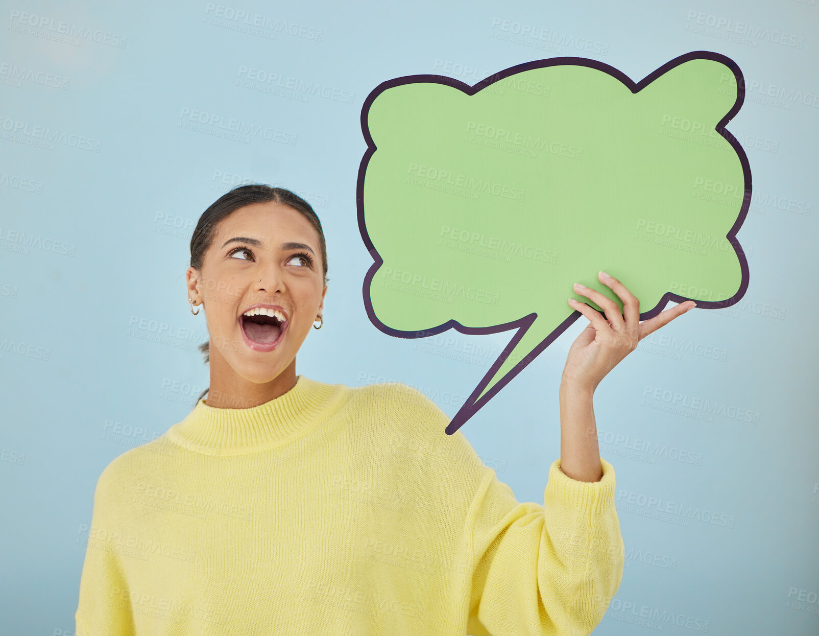Buy stock photo Social media woman, excited and mockup speech bubble for sales opinion, studio news space or comic voice chat. Cloud poster, billboard design announcement or person communication on blue background