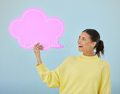 Buy stock photo Social media, happiness and woman with mockup speech bubble for voting opinion, studio advertising space or branding. Information, billboard design or feedback person announcement on blue background