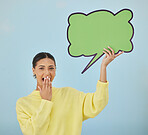 Social media, woman portrait or mockup speech bubble for surprise news, chat communication or sales discount voice. Notification banner, wow promotion deal or shocked studio person on blue background