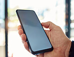 Hand, phone and app with a display in an office on a bokeh background for communication or networking. Mobile, contact and display with an adult online to browse social media or message using an app 