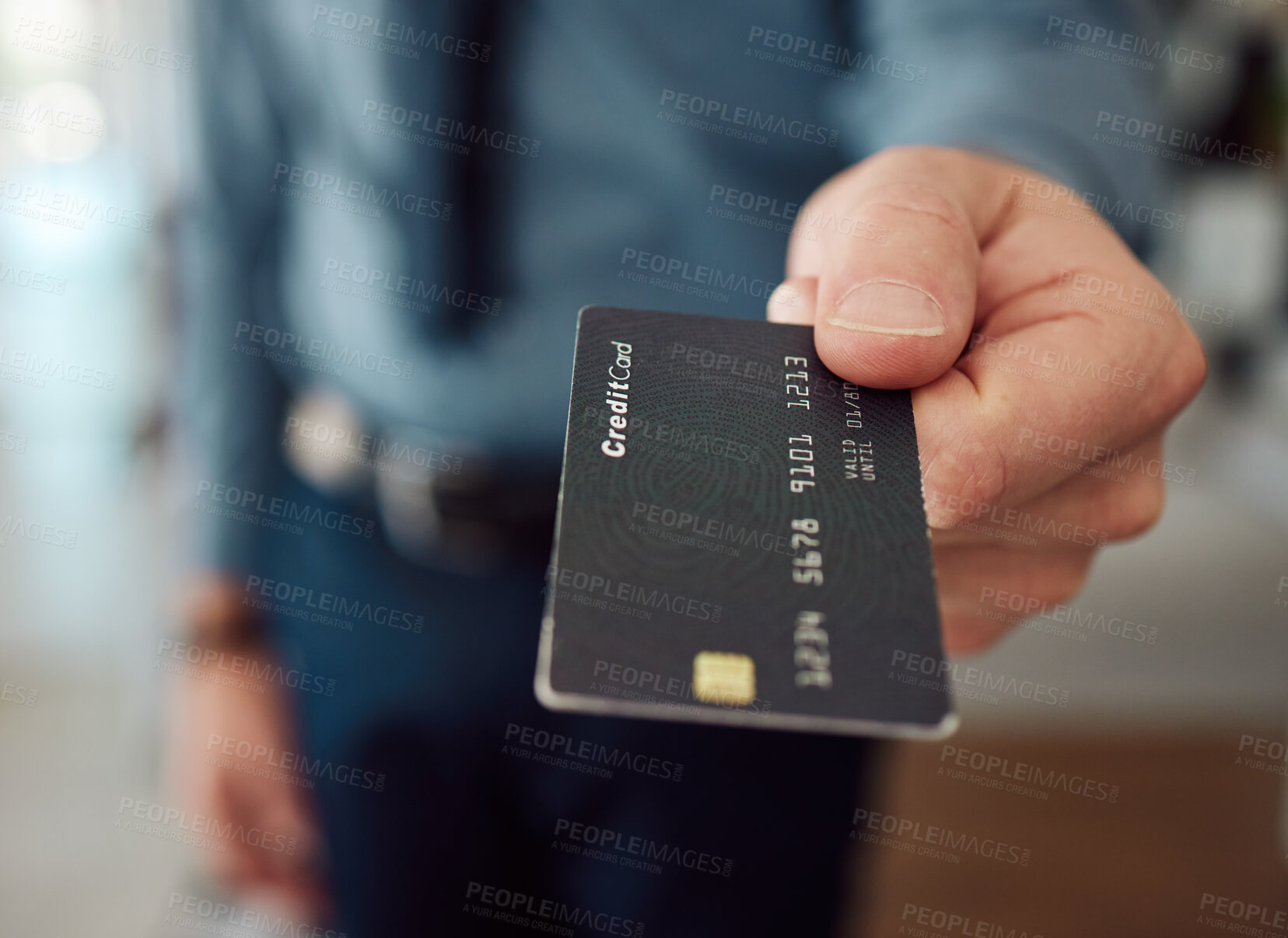 Buy stock photo Business man giving credit card with hands for finance, accounting budget and banking investment. Closeup of worker offer payment for online shopping, fintech and trading money in financial economy