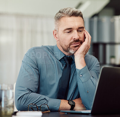 Buy stock photo Tired, bored and business man with laptop in office, stress or problem in company. Computer, sad and mature manager with challenge, fatigue and financial crisis, debt email and burnout for tax audit
