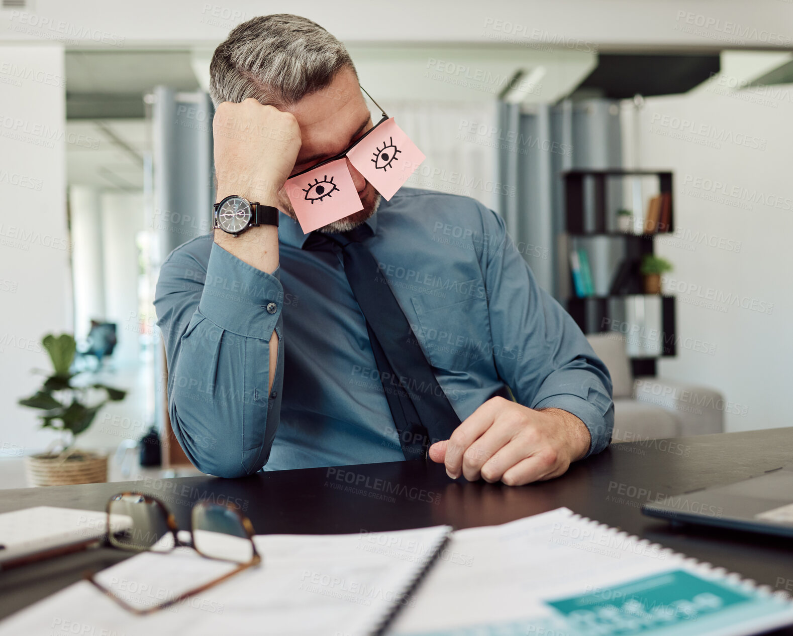 Buy stock photo Tired, sticky notes and businessman sleeping in his office with a burnout, exhaustion or overworked. Overtime, rest and professional mature male lawyer taking nap on his lunch break in the workplace.
