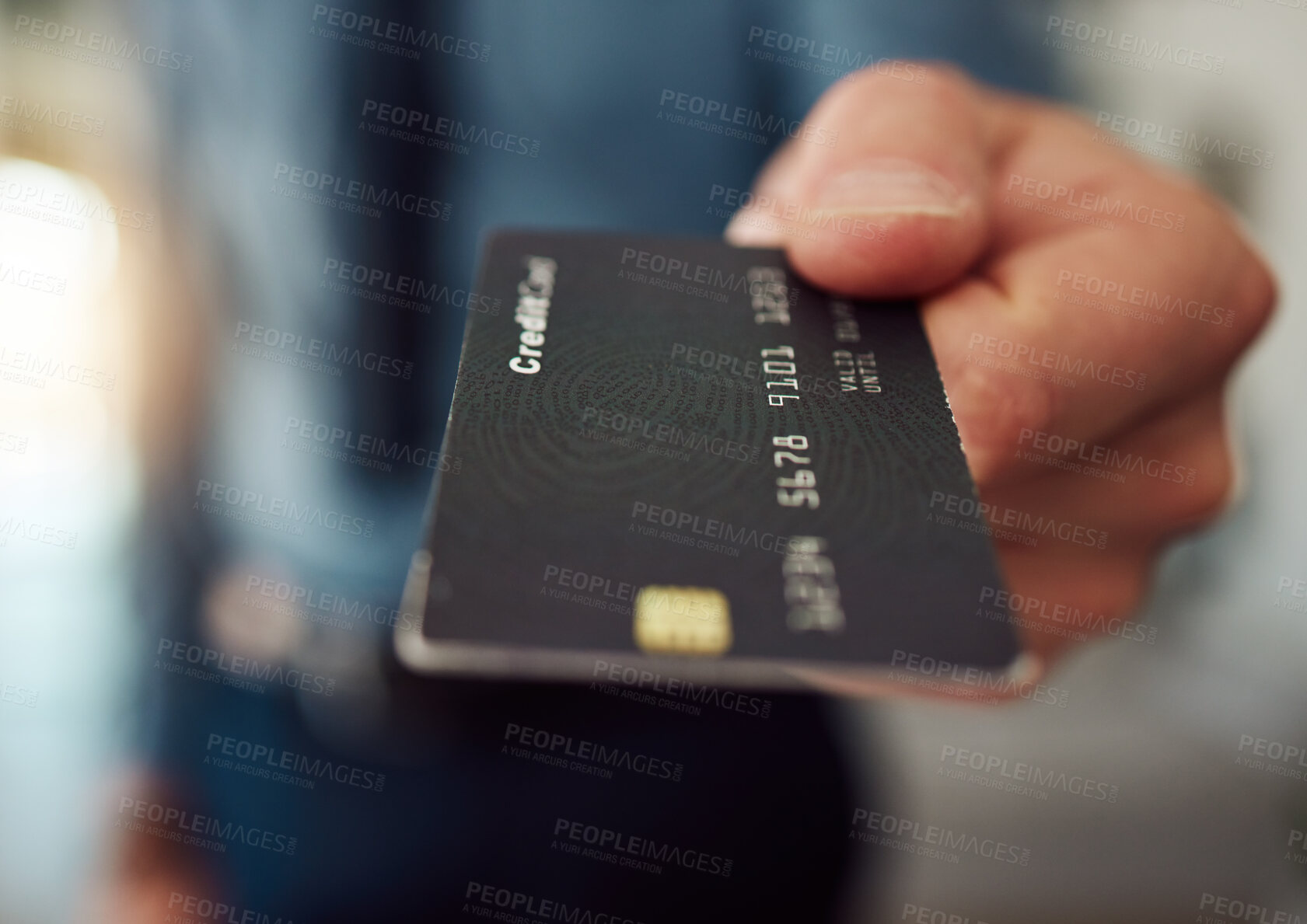 Buy stock photo Man giving credit card with hands for business budget, banking finance and accounting investment. Closeup of worker offer payment for online shopping, sales fees or trading money in financial economy