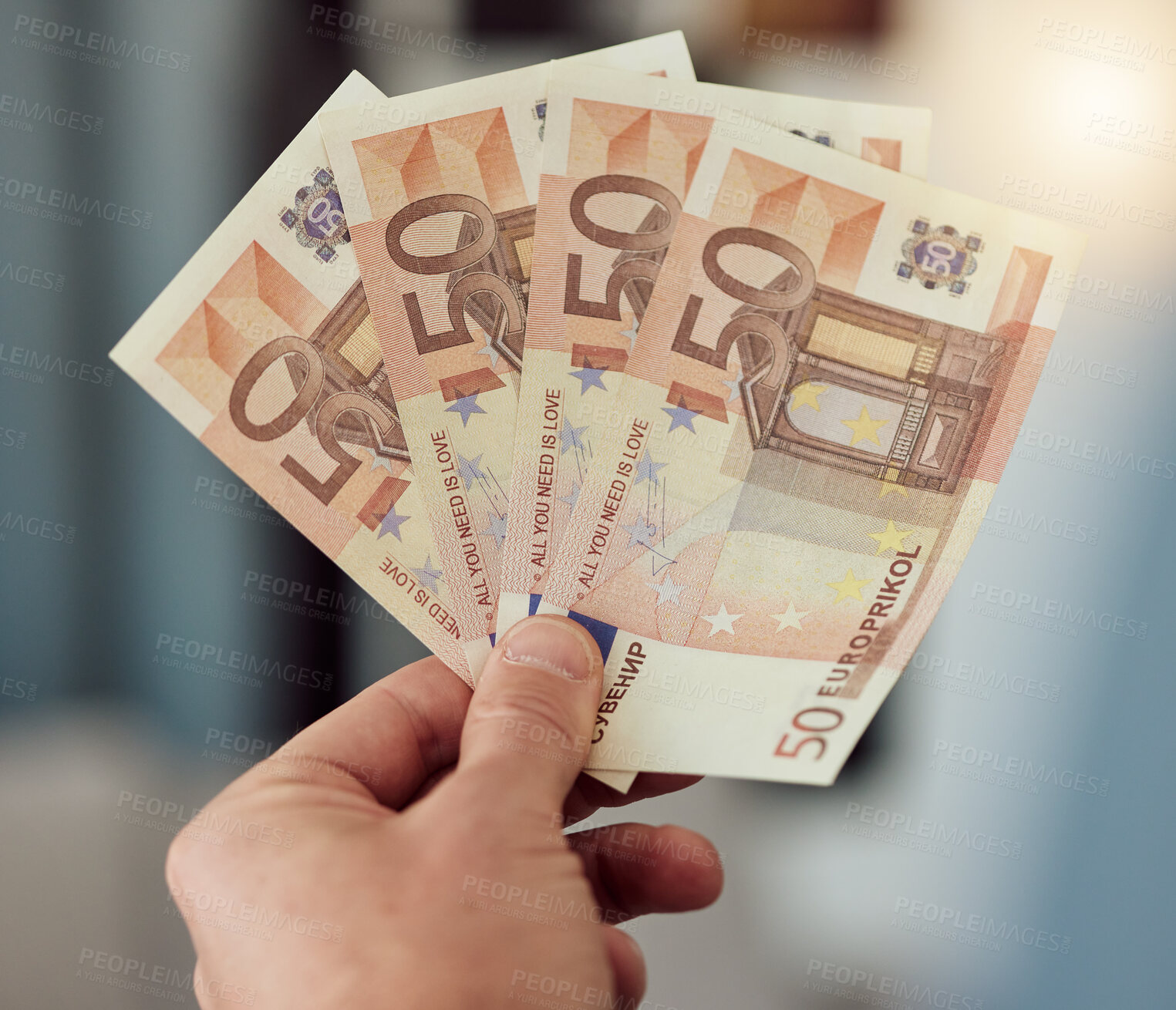 Buy stock photo Investment, hands and money fan of euros for banking, trading paper bills and economy of financial freedom. Closeup of rich investor, profit and income of bonus, cash savings or wealth of accounting