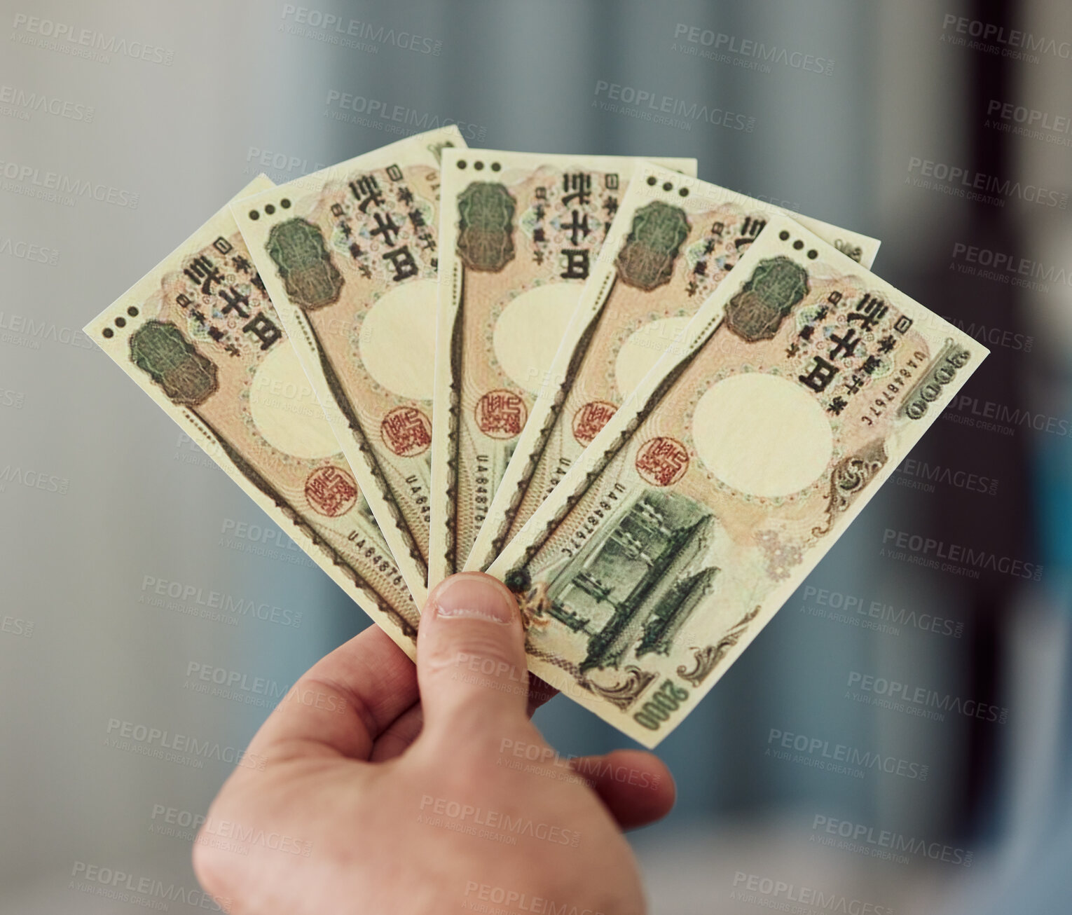 Buy stock photo Yen, money fan and hands with cash for banking, trading paper bills and economy of financial freedom. Closeup of rich investor, profit and income of japanese payment, savings and budget of accounting