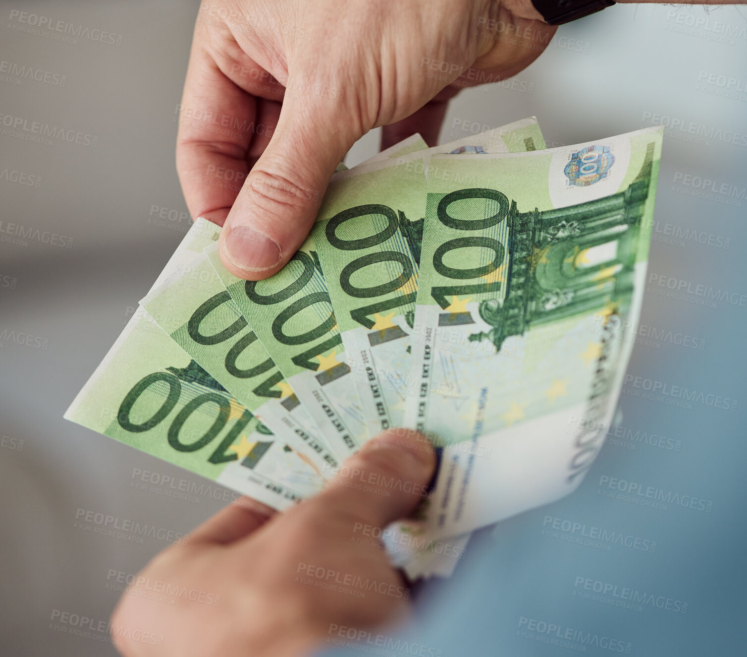 Buy stock photo Person, hands and money fan of euros for banking, exchange bills and investment budget of financial freedom. Closeup of rich investor, profit and income of bonus, cash savings or wealth of accounting