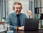 Celebrate, headphones and businessman working on a laptop with good news or achievement. Happy, excited and mature professional male designer in celebration for job promotion or success in workplace.