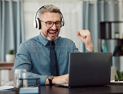 Buy stock photo Celebrate, headphones and businessman working on a laptop with good news or achievement. Happy, excited and mature professional male designer in celebration for job promotion or success in workplace.