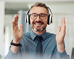 Portrait, business and man applause on video call, smile and headphones at home. Happy face, clapping and webinar of mature manager with glasses in virtual meeting, online celebration or remote work