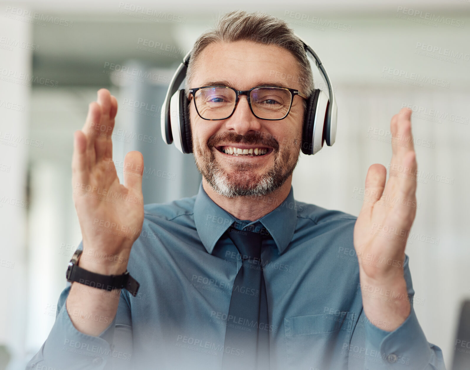 Buy stock photo Portrait, business and man applause on video call, smile and headphones at home. Happy face, clapping and webinar of mature manager with glasses in virtual meeting, online celebration or remote work