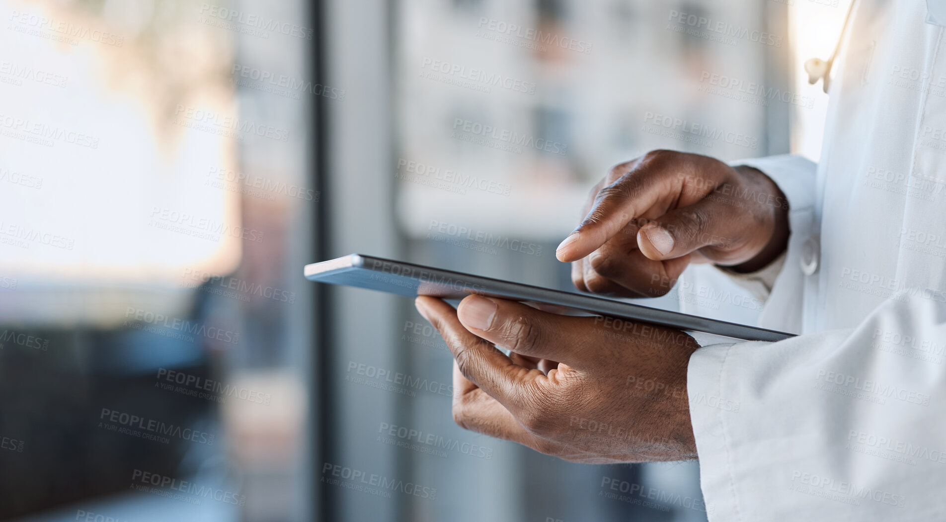 Buy stock photo Tablet, doctor and hands in hospital for healthcare services, telehealth analysis and online network. Closeup of medical worker, digital technology and planning data, clinic research and information