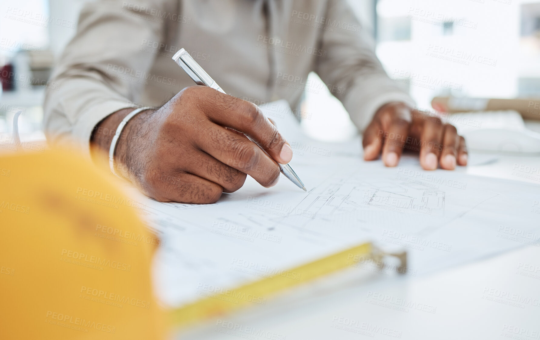 Buy stock photo Hands, pen and architect drawing blueprint, project illustration and engineering process. Closeup, man and designer with documents, floor plan and paper to sketch construction of building renovation